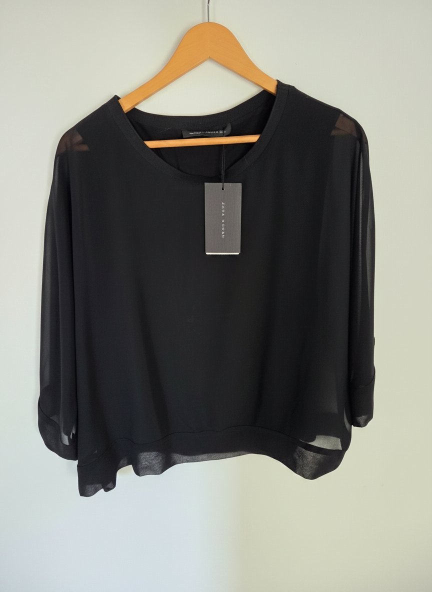 Blouse noire Zara Woman avec voilage – Taille M – Neuve avec étiquette