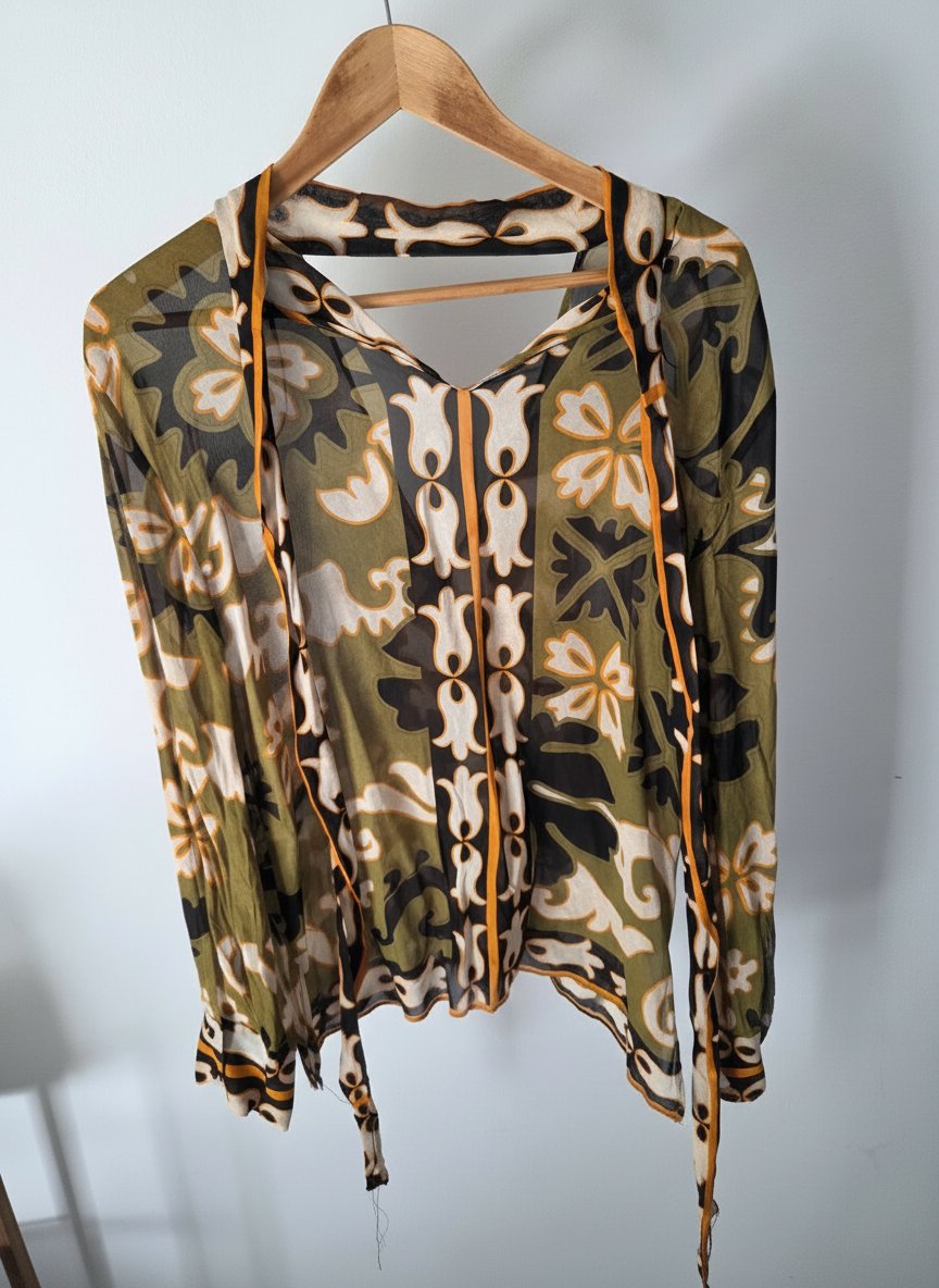 Blouse Zara Imprimée avec Col Choker – Vert Olive & Moutarde