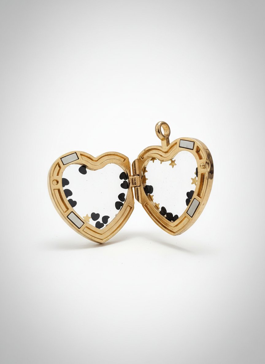 Médaillon Pendentif Coeur Flottant Vitré Doré et Charms