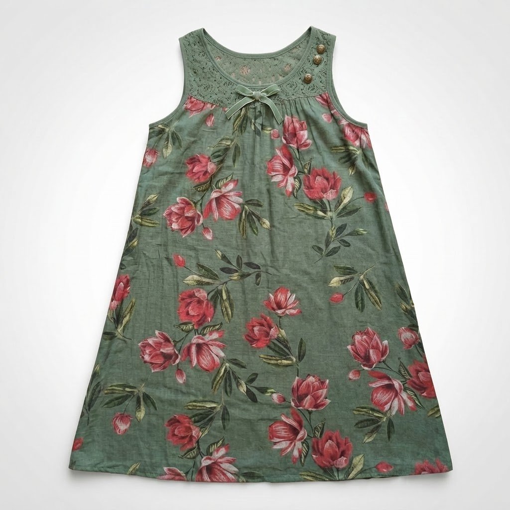 Robe d'été fluide vert olive à motif floral et dentelle