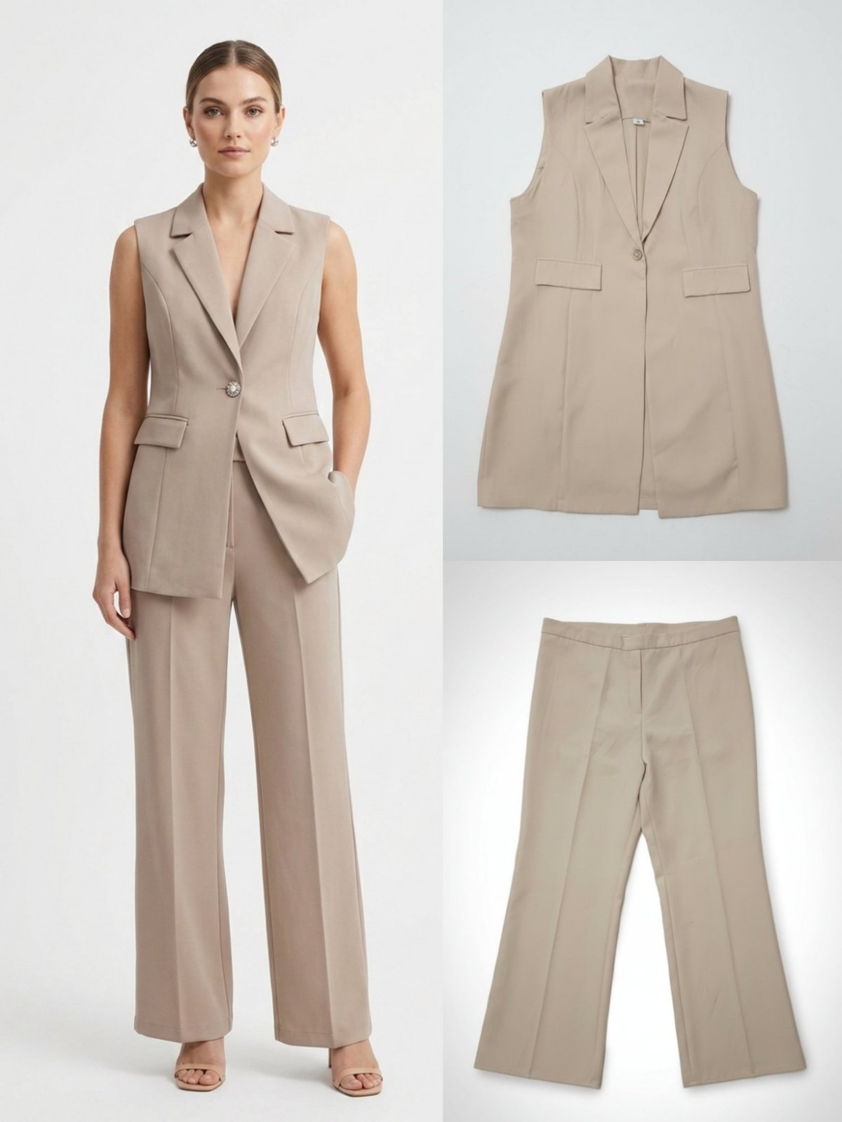 Ensemble 2 pièces gilet + pantalon beige 