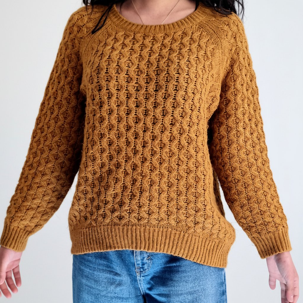 Pull en grosse maille torsadée texturée ocre – Vintage