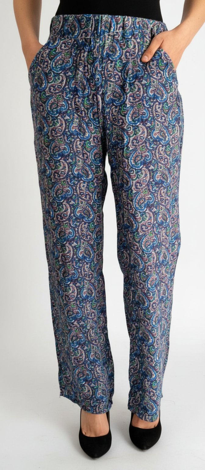Pantalon fluide à motif cachemire bleu et touches fushia – Marque FSH