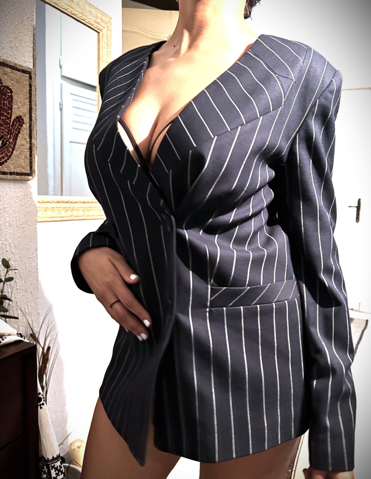 Veste blazer longue asymétrique à rayures tennis