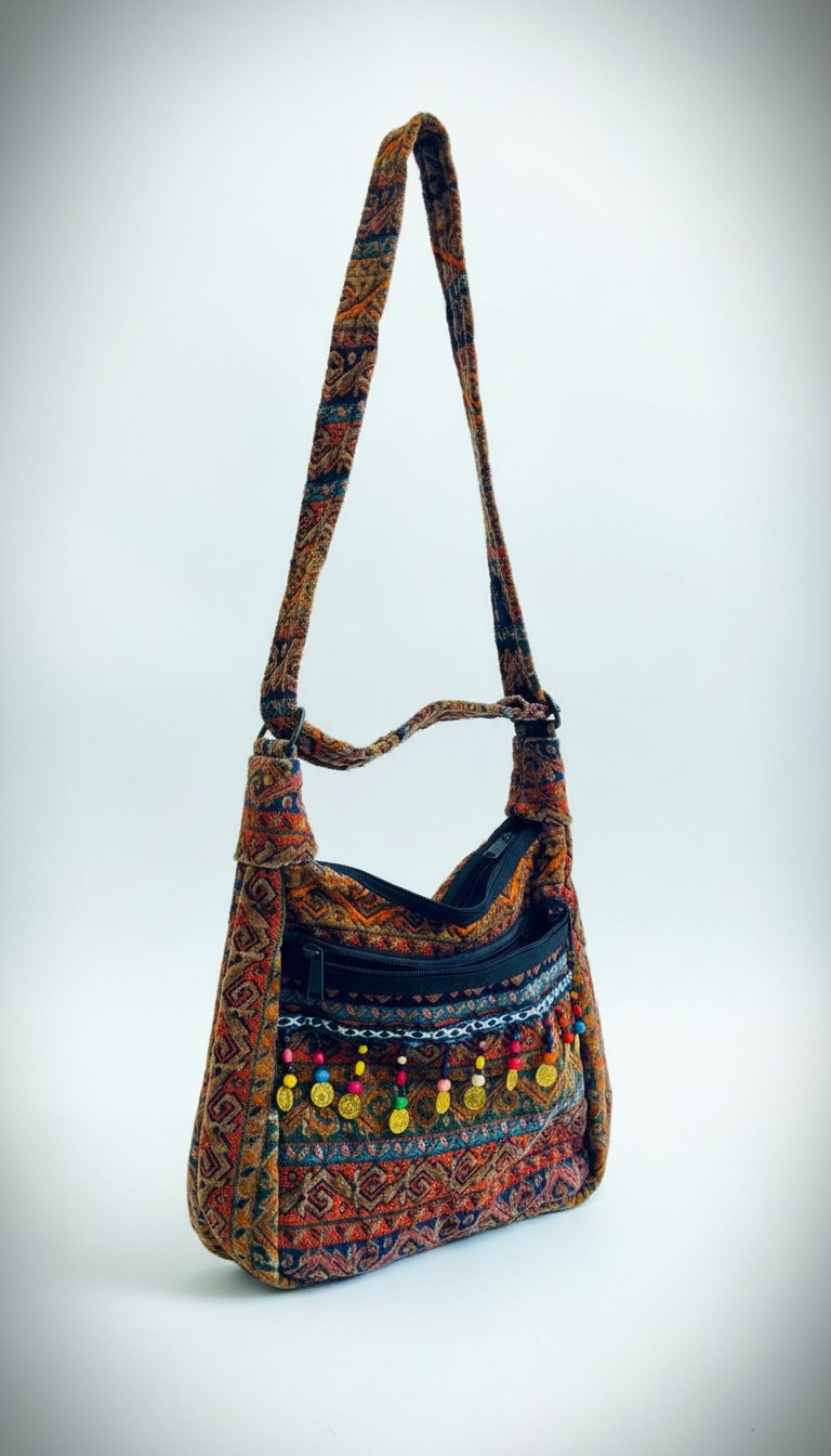 Sac bandoulière artisanal ethnique / Sac tissé style bohème avec breloques