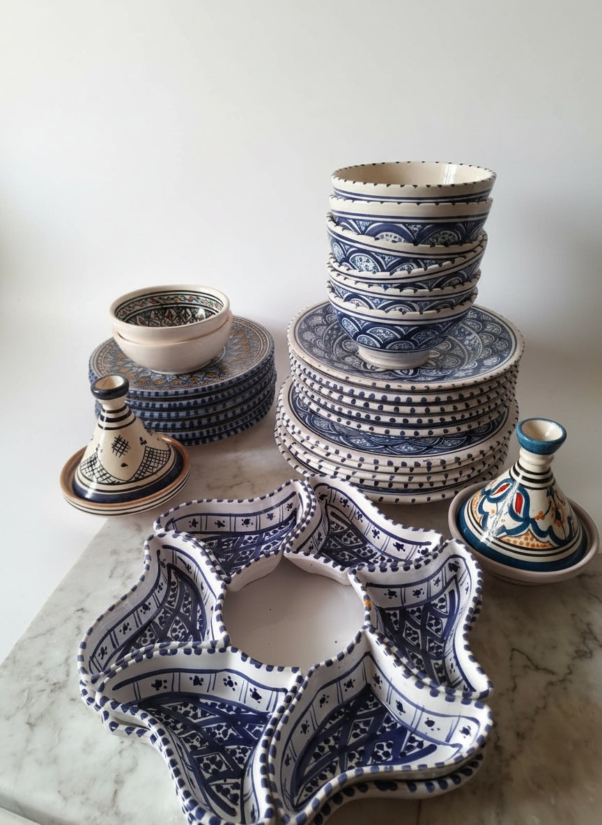 Grand service de vaisselle traditionnelle / Artisanat tunisien bleu & blanc-27 pièces