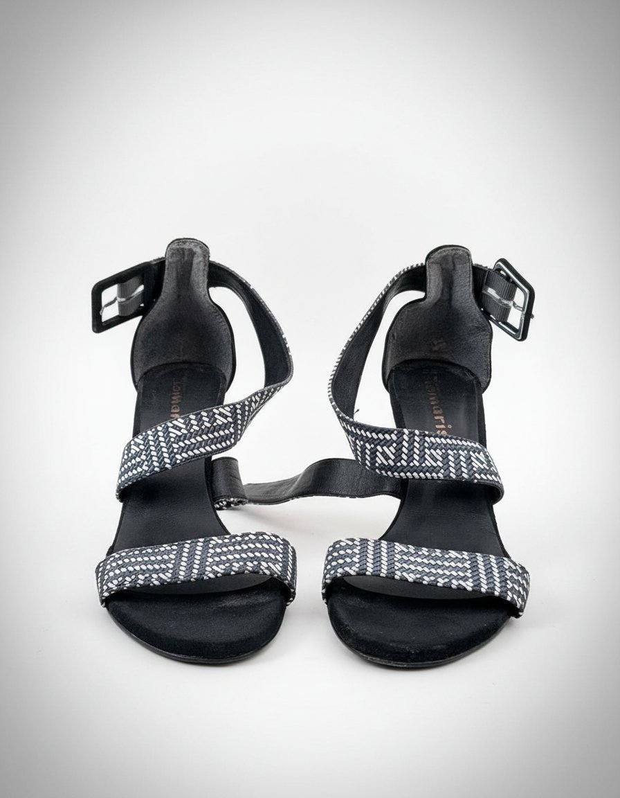Sandales à talons en cuir noir et brides tressées noir et blanc – Tamaris