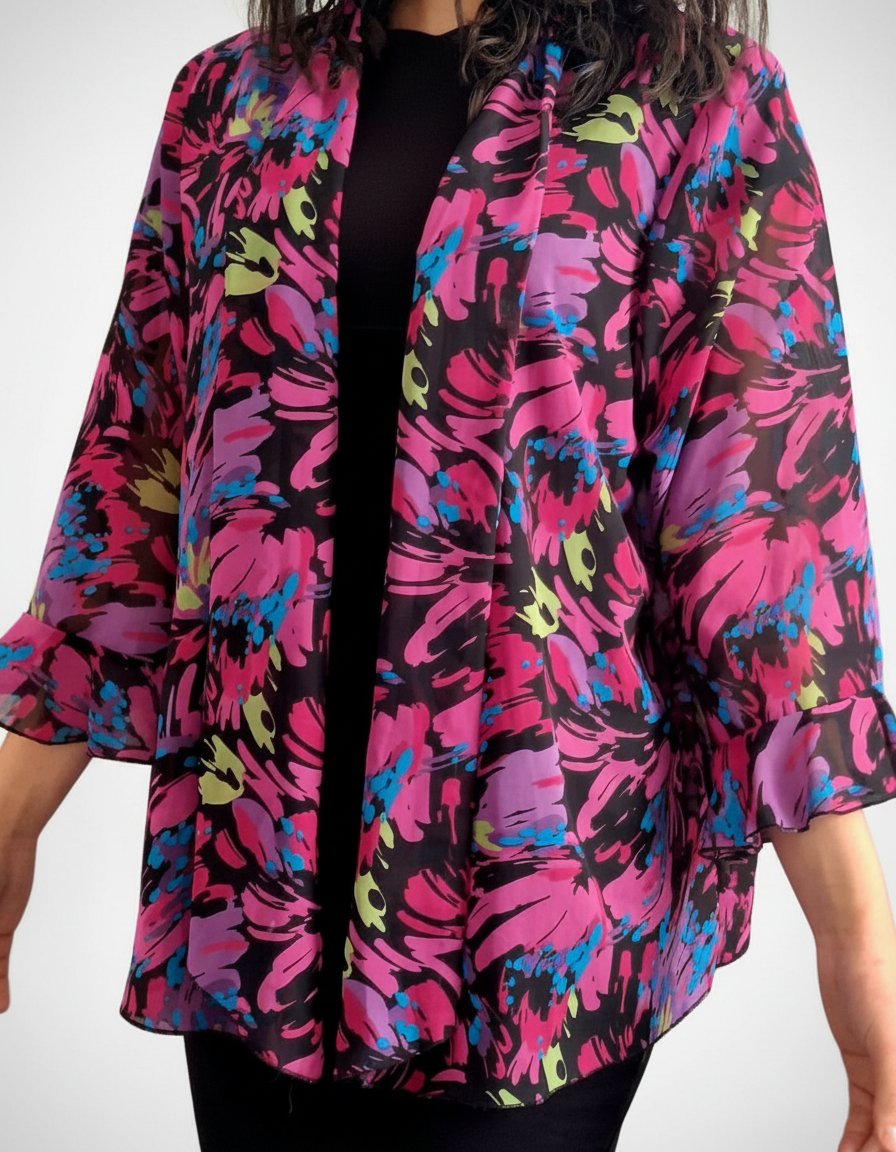 Kimono / Gilet fluide transparent imprimé floral multicolore