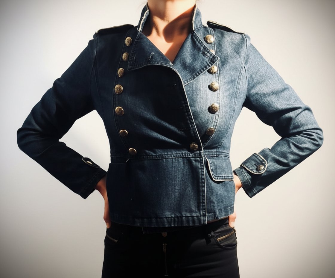 Veste en jean style officier à boutons dorés