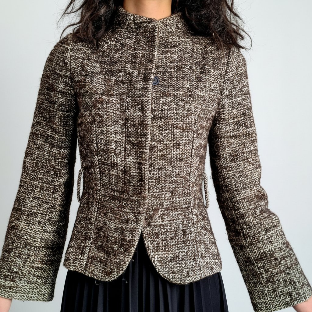 Veste courte cintrée en tweed marron et coudières suédines