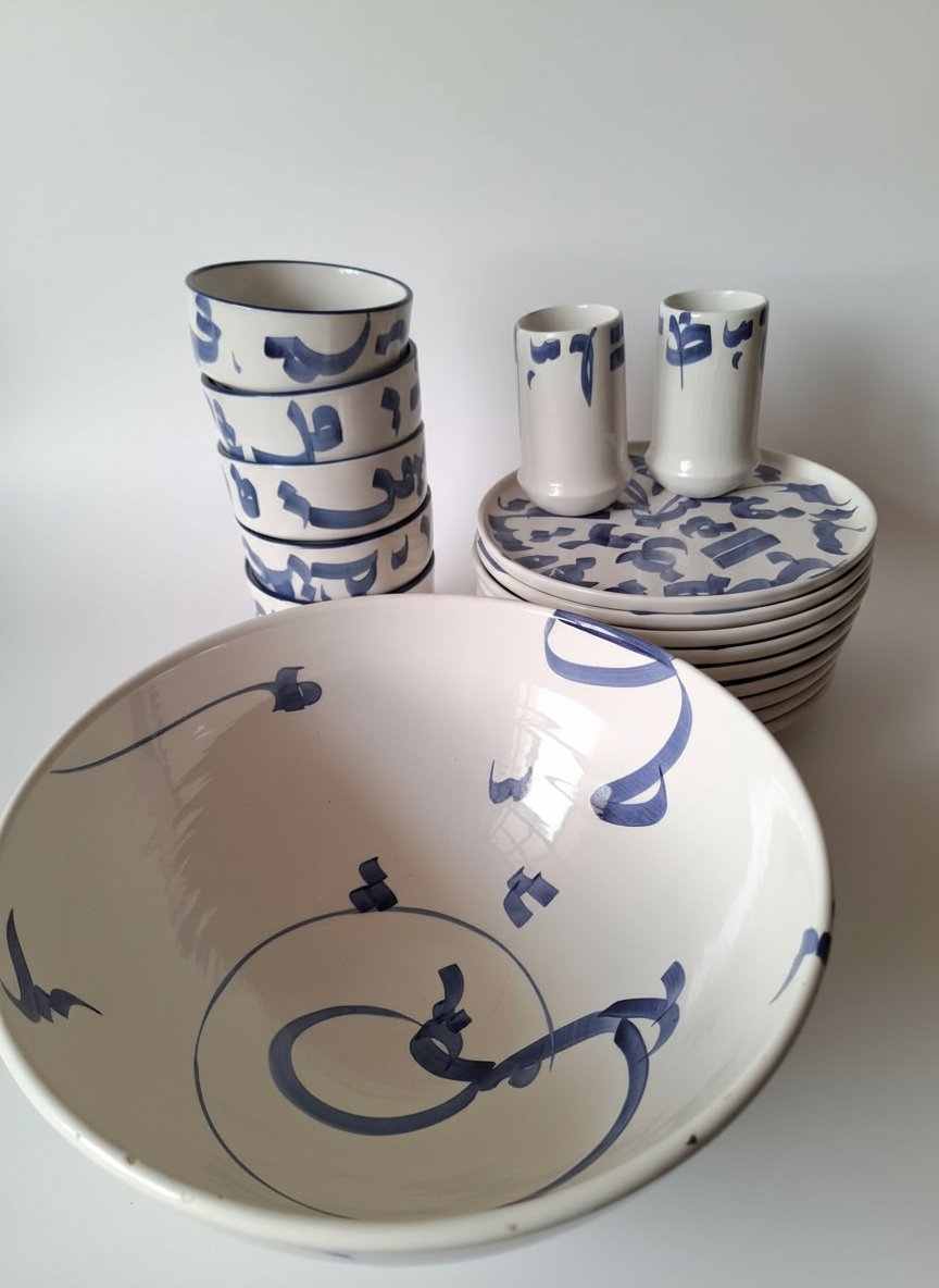 Service de vaisselle calligraphié / Design contemporain bleu & blanc-16 pieces