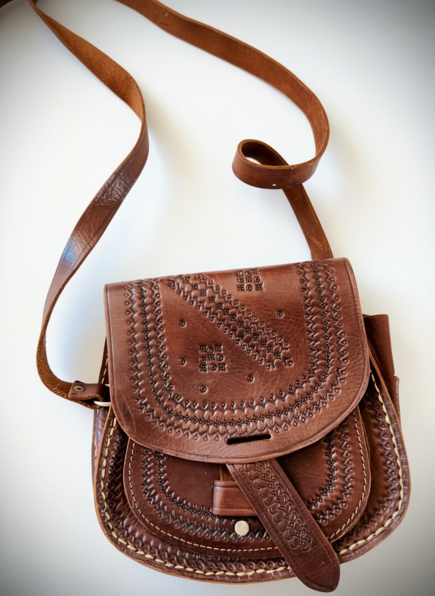Sac bandoulière cuir artisanal / Sac pochette cuir gravé motifs ethniques