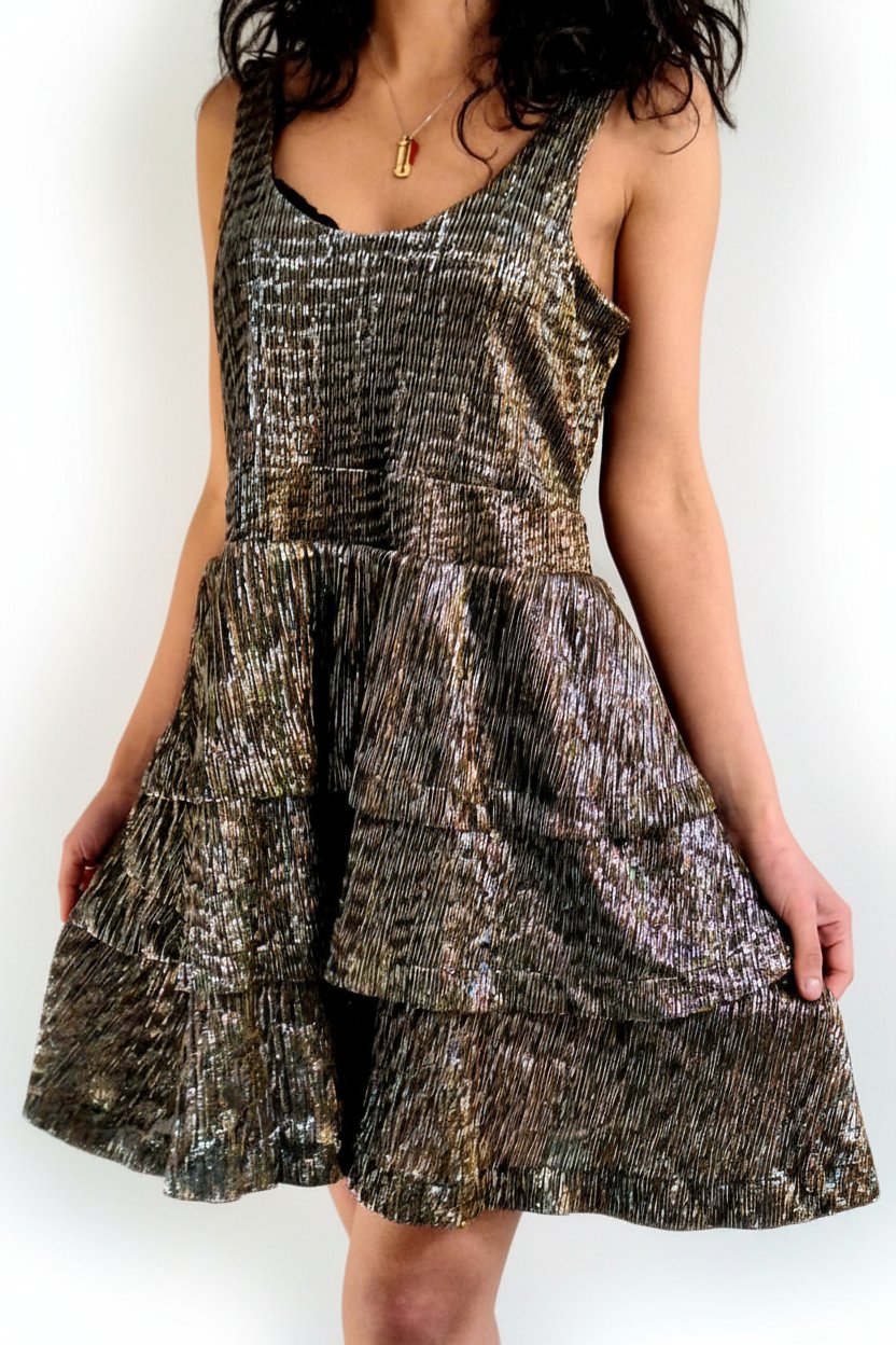 Robe courte patineuse plissée pailletée / métallisée à volants