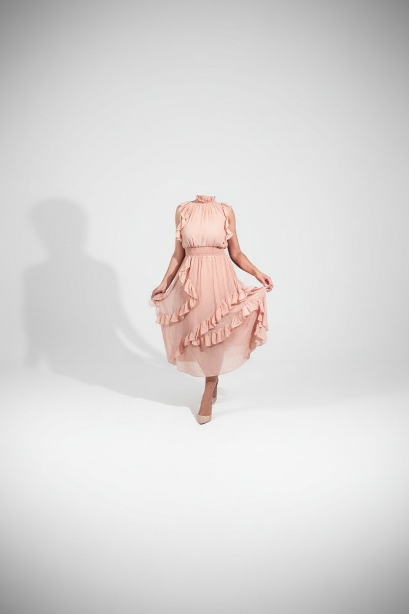 Robe longue bohème rose poudré col montant et détails dorés – CBR
