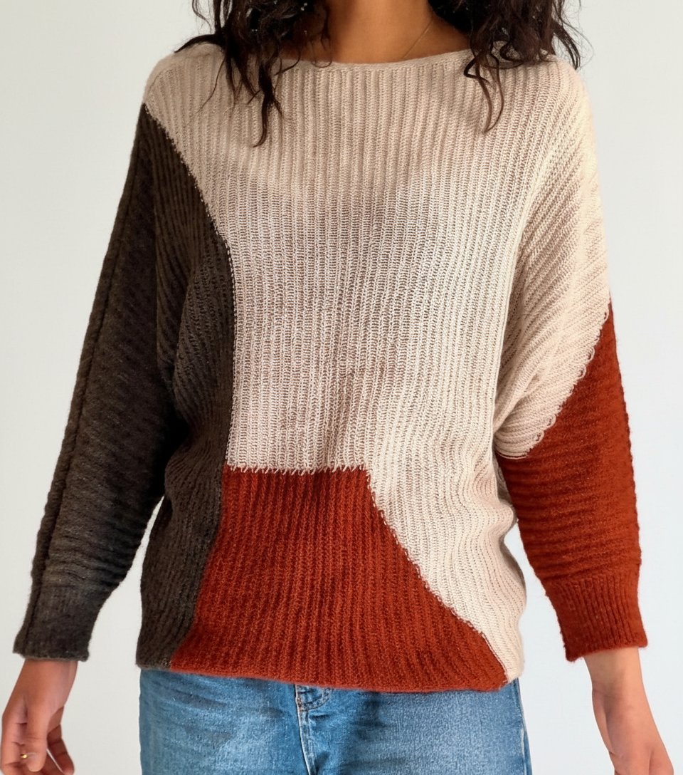 Pull en maille color-block géométrique asymétrique