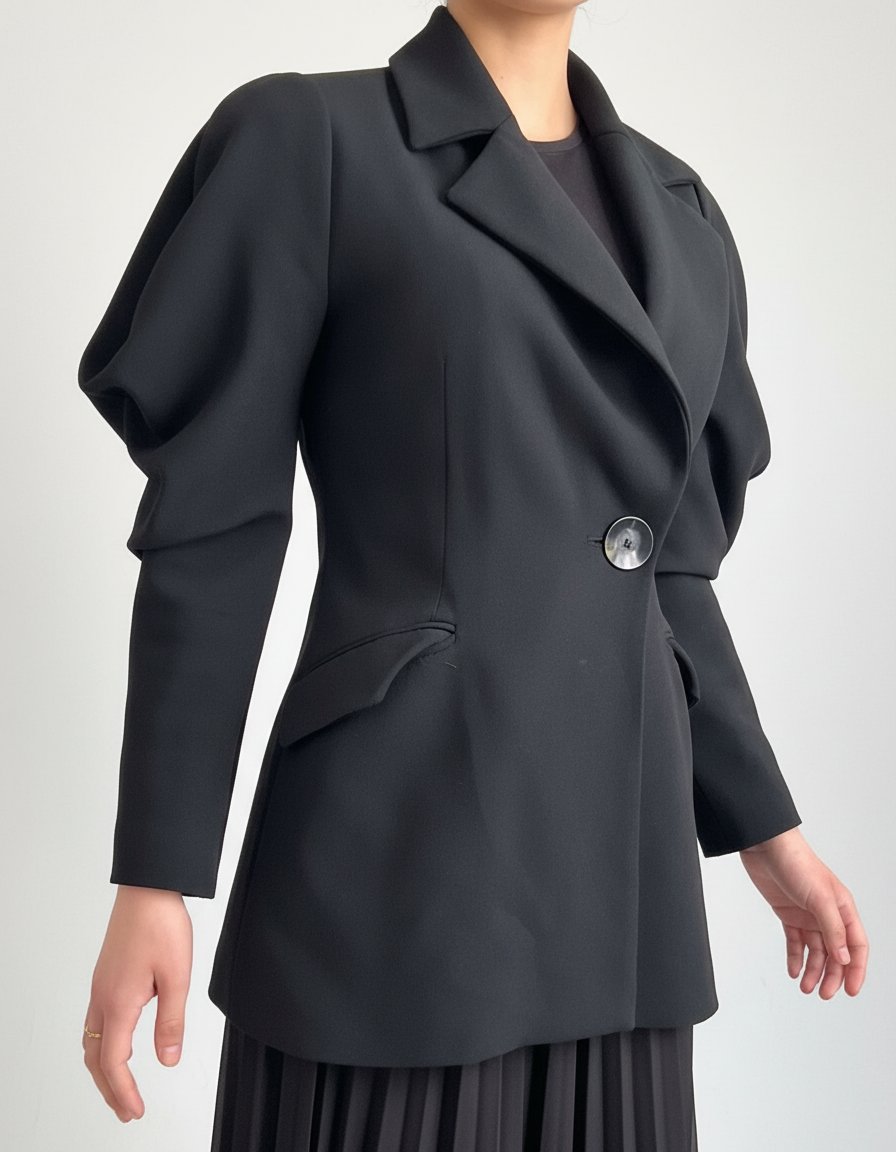 Veste blazer noire cintrée manches bouffantes / drapées