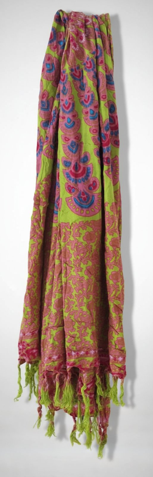 Grand foulard / Châle style bohème vert lime et rose à franges