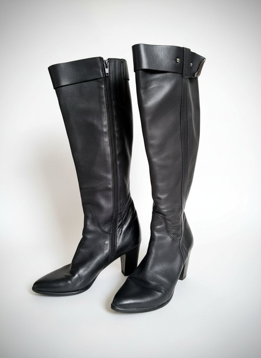 Bottes hautes en cuir noir à talons – Véritable Cuir Made in Italy