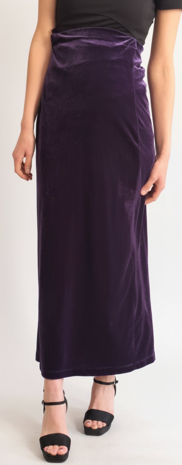 Jupe longue droite en velours violet avec fente – Rosalia