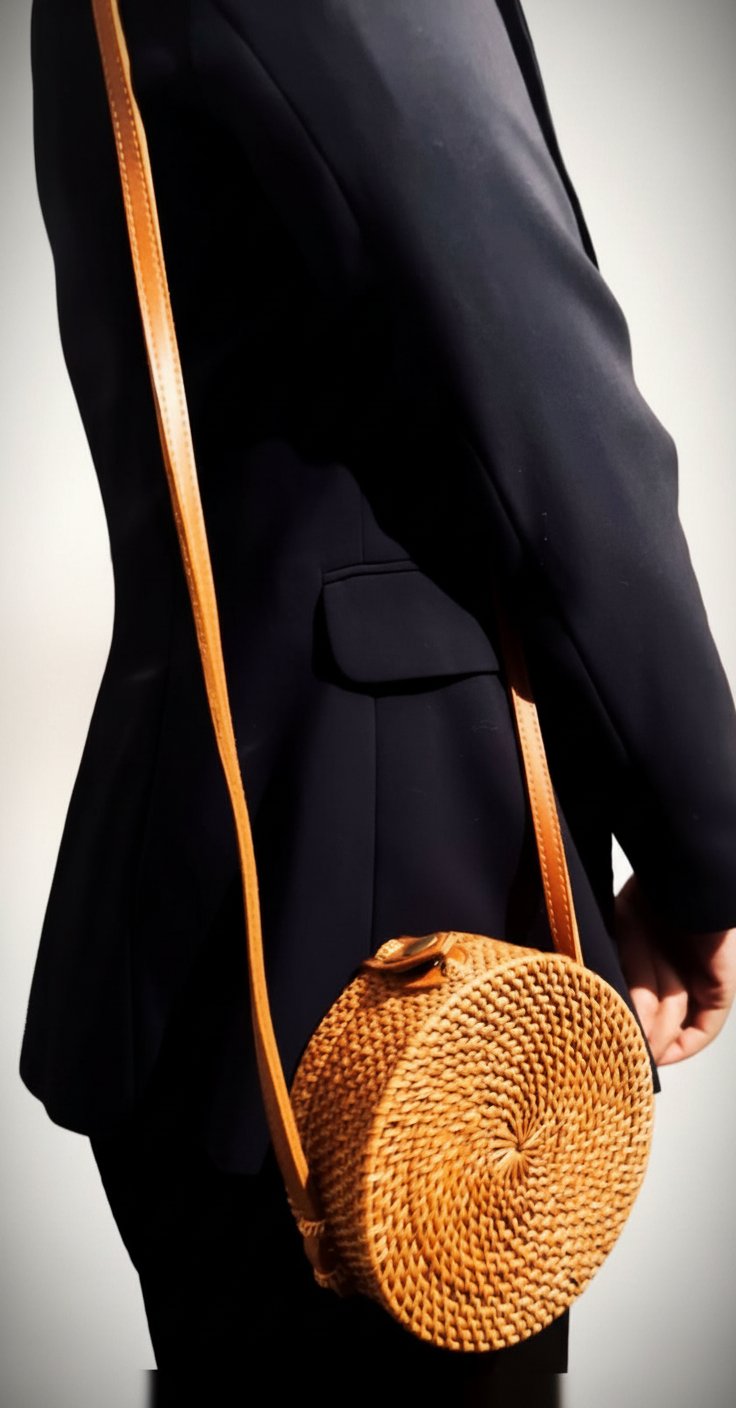 Sac rond en rotin bohème / Petit sac paille bandoulière été
