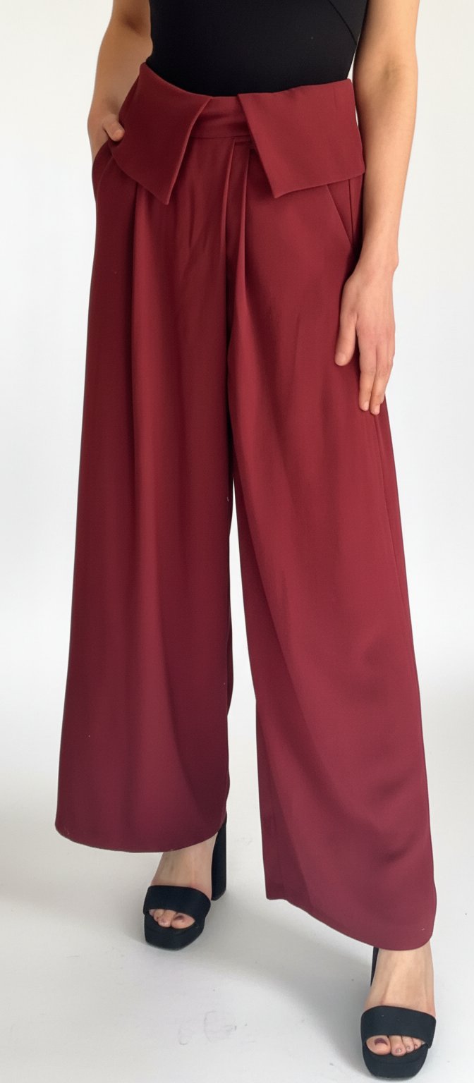 Pantalon palazzo bordeaux chic à revers taille haute – Maximo Donati