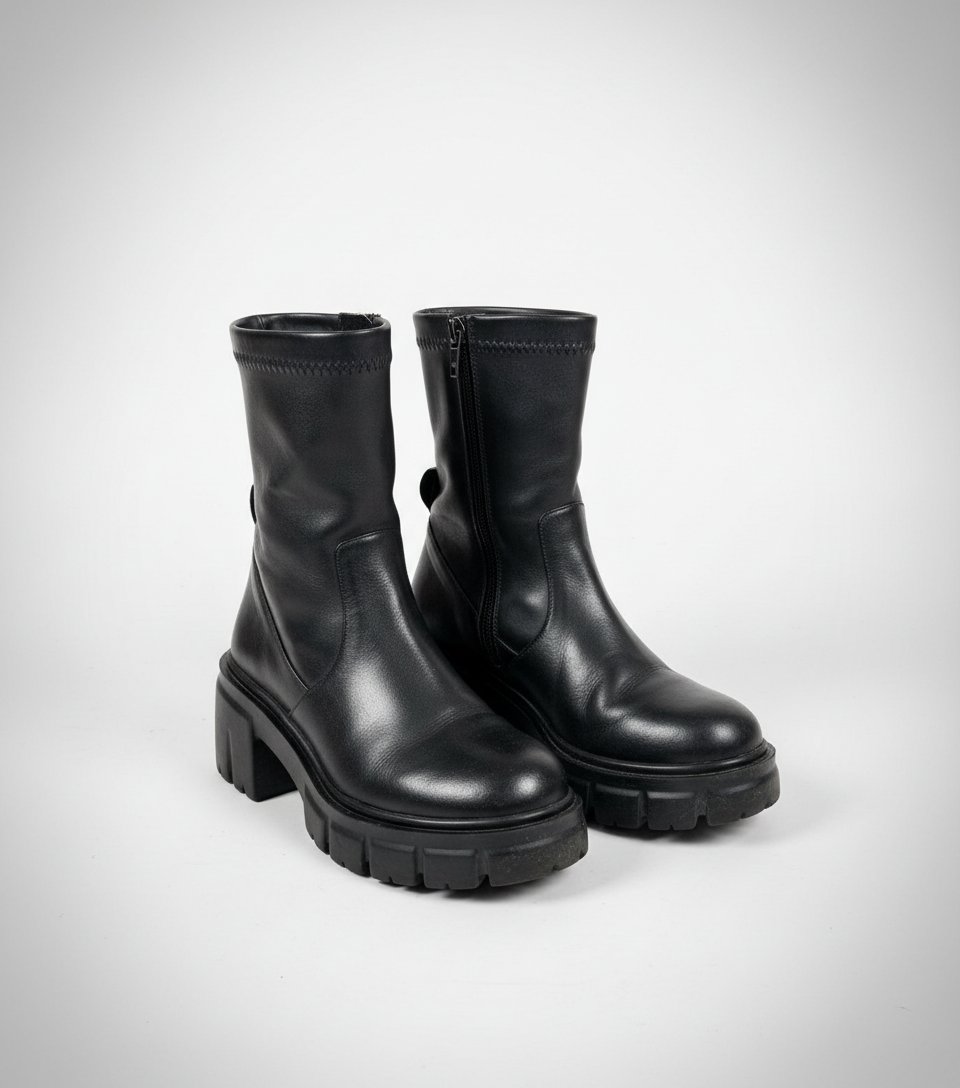 Bottines plateformes à semelle crantée en cuir noir – Lavorazione Artigiana