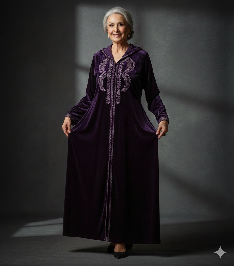 Robe en violet foncé, taille M, en tissu velours brillant. 