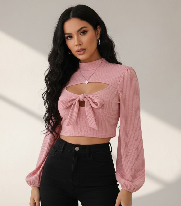 Crop top rose poudré à nœud frontal et manches bouffantes