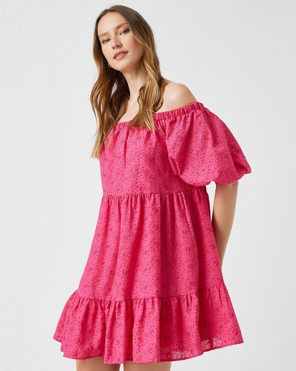 By Koton Off Shoulder Ruffle Hem Mini Dress Fuchia