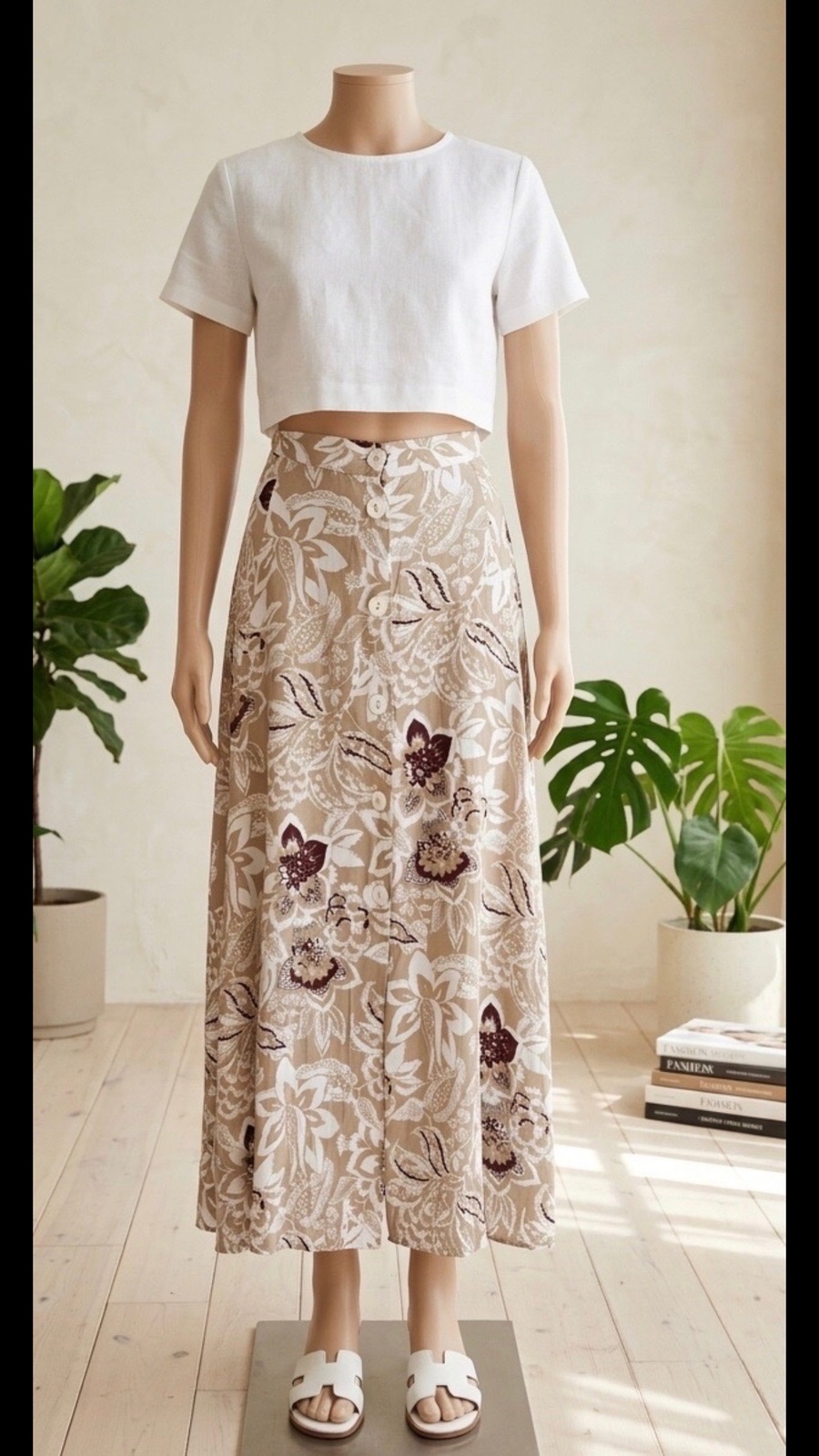 Jupe longue beige et blanc avec une fente 