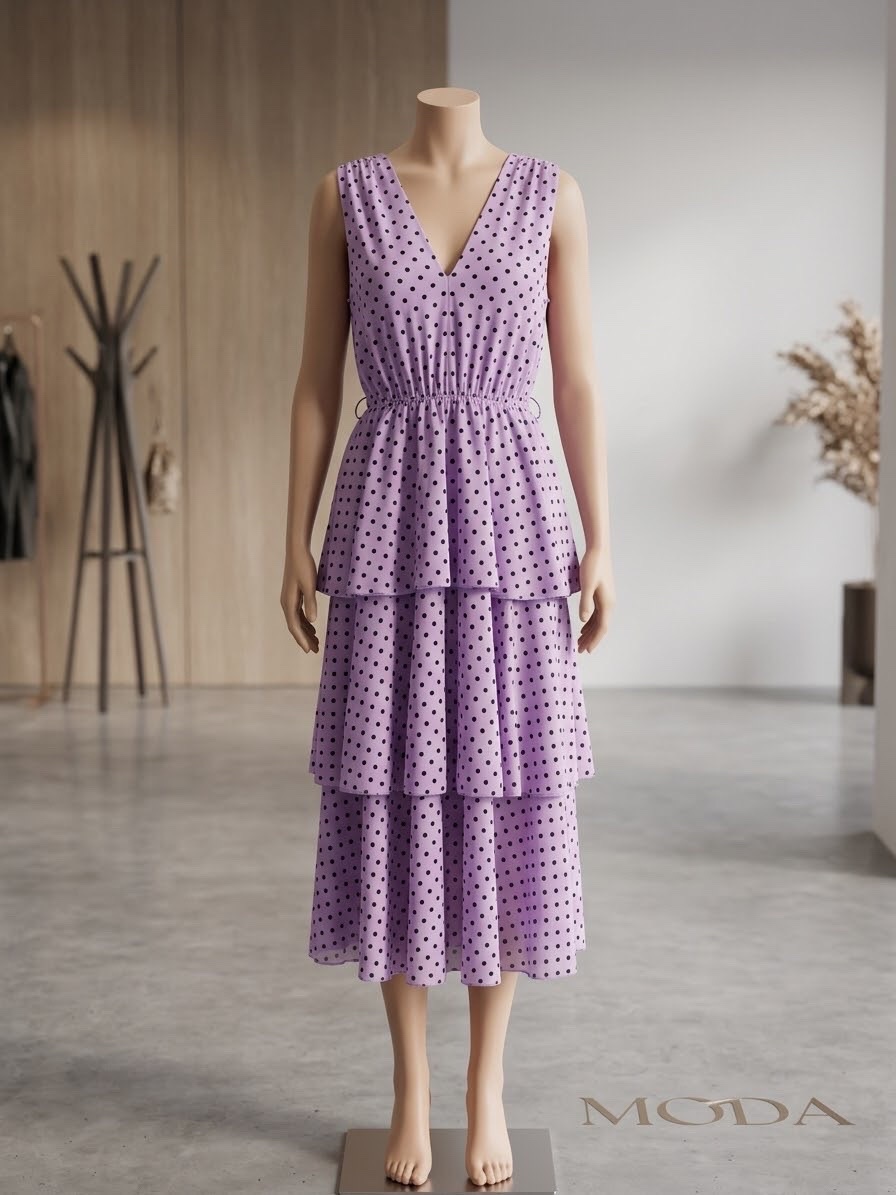 Robe d'été élégante à volants mauve lilas  – Motif Pois (Polka Dots) 💜