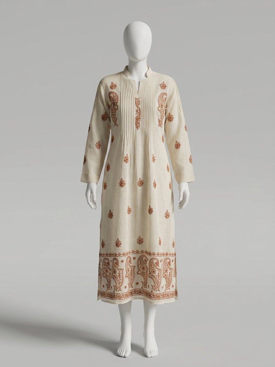 Tunique Kurta Longue Beige en Coton – Broderies Florales Terracotta et Plis Plissés