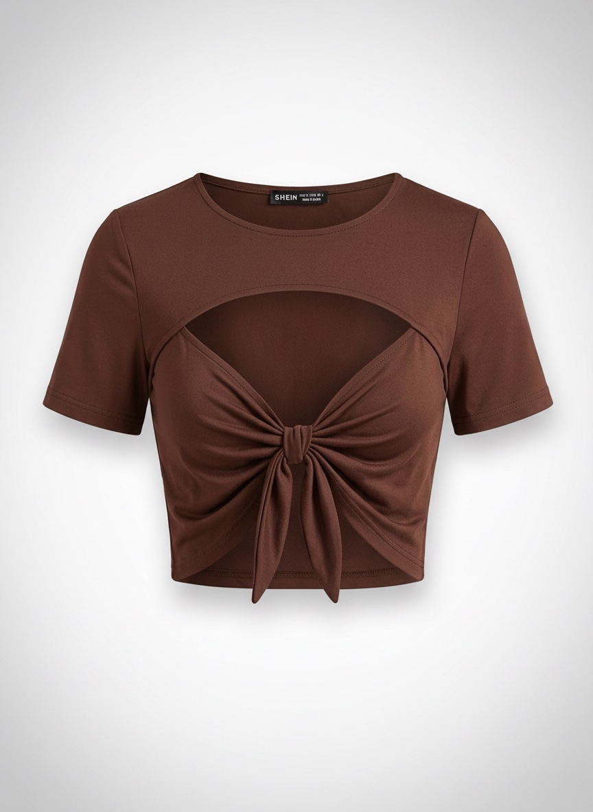 T-shirt crop top marron à nœud SHEIN