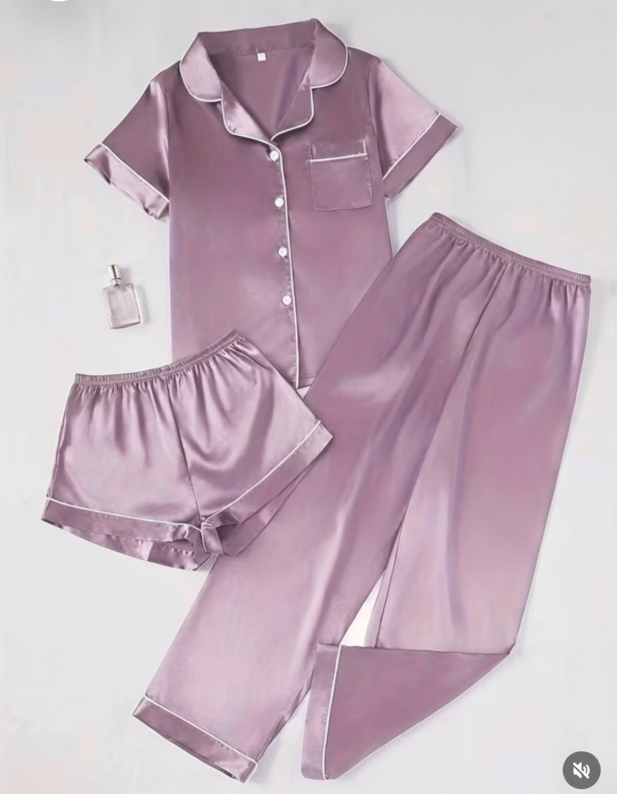 Ensemble pyjama satiné 3 pièces violet – Haut, short & pantalon