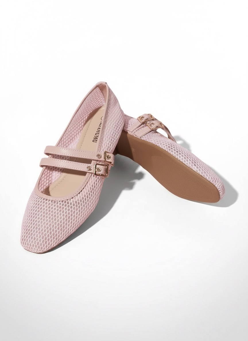 Ballerines Femme ADAMUMU Rose Poudré – Maille Respirante, Double Bride à Boucles, Chaussures Plates Confortables