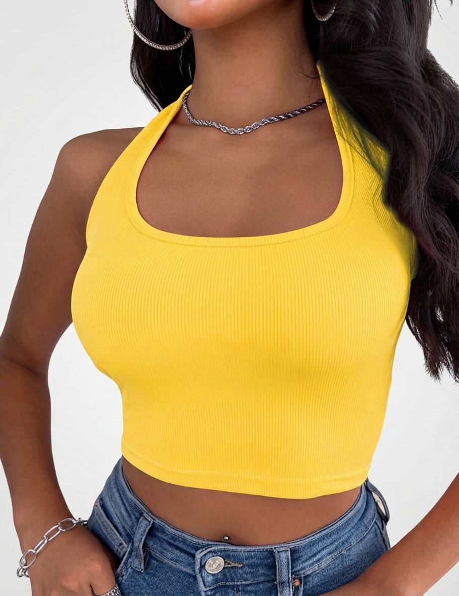 💛 INAWLY Top Court Halter Jaune 💛