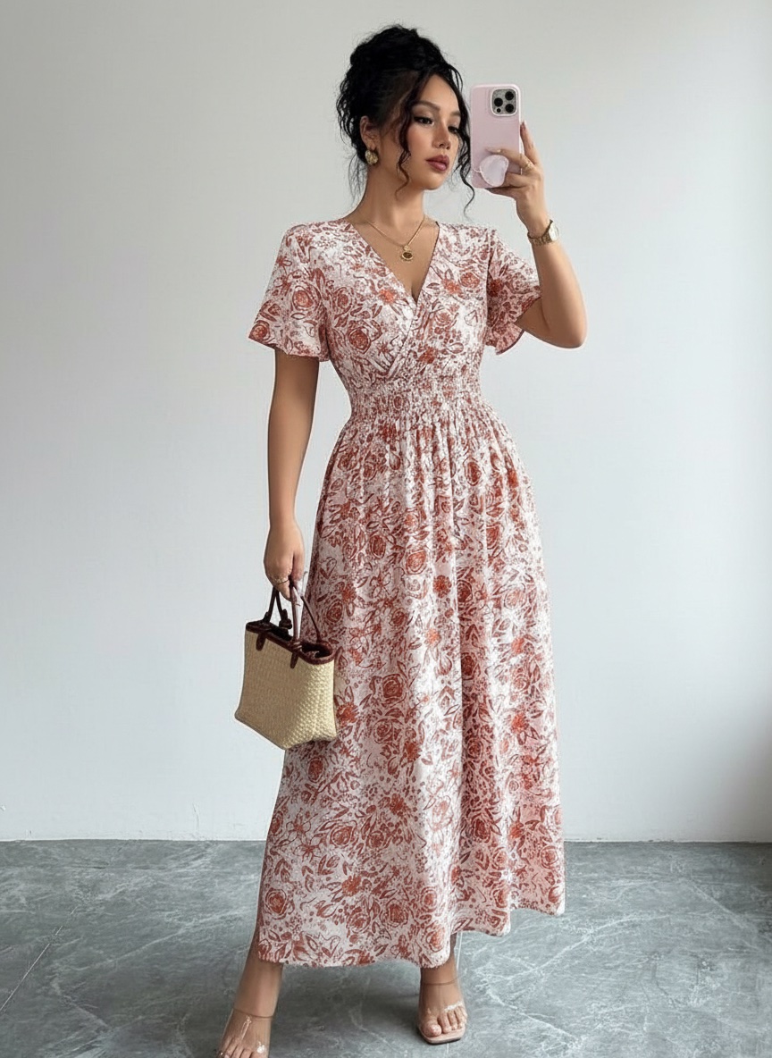 Robe Longue Fleurie Femme Bohème – Col V, Taille Smockée et Fente Élégante