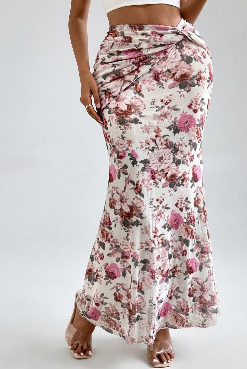 🌸 Jupe Longue Fleurie à Nœud – Taille M