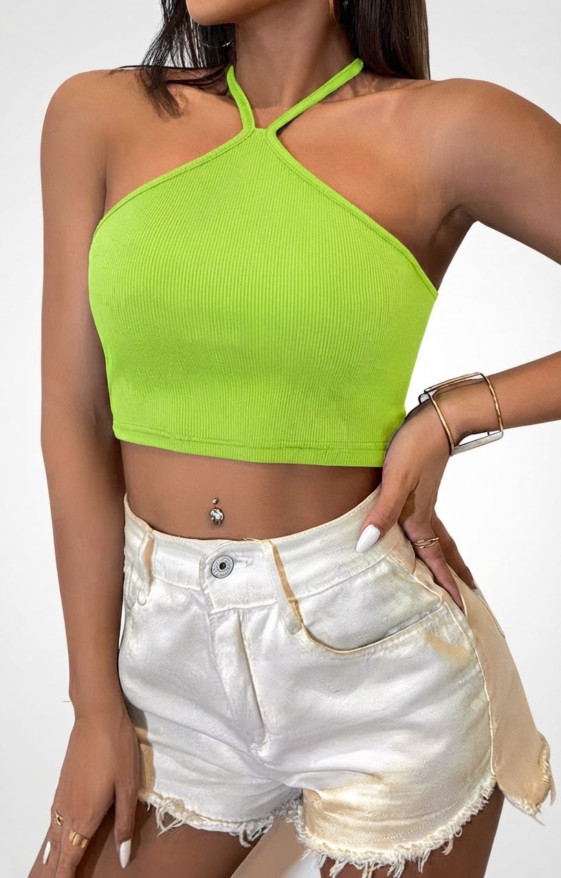 Top Vert Néon Femme 💚 – Halter Neck Tendance (Taille S)
