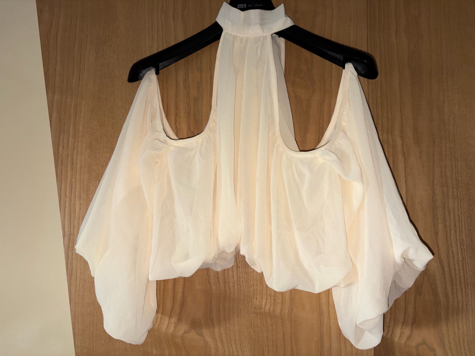 PrettyLittleThing Shape chiffon high neck off shoulder blouse.