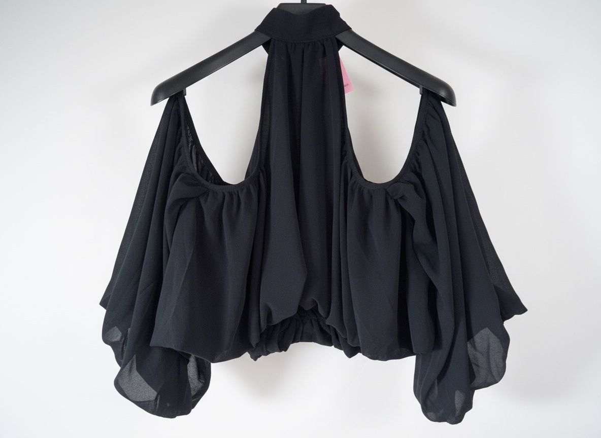 PrettyLittleThing Shape black chiffon high neck off shoulder blouse.