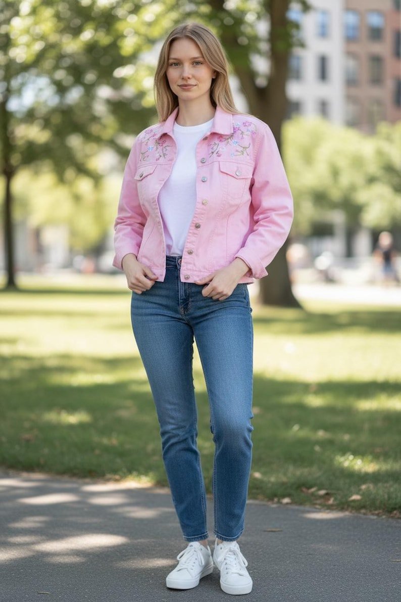 Veste en jean rose brodée
