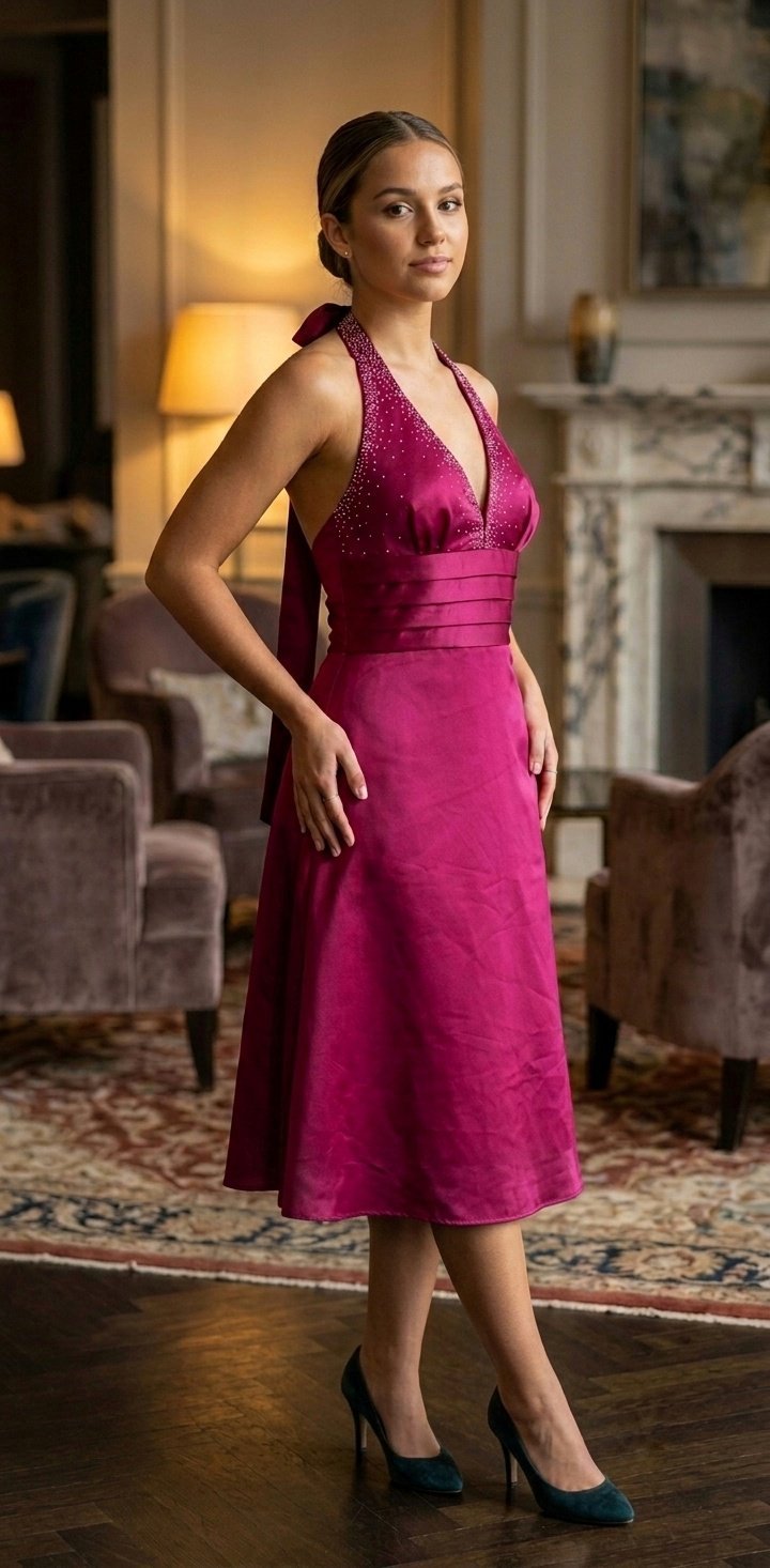 Robe soirée en satin fuchsia