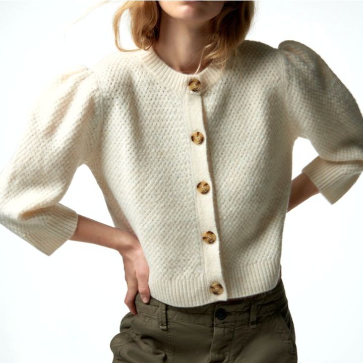 Zara Wool Blend Cropped Puff Sleeve Cardigan