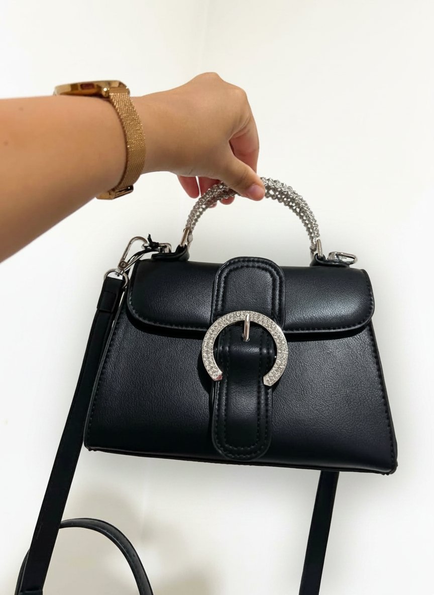  Sac à main noir poignée strass 