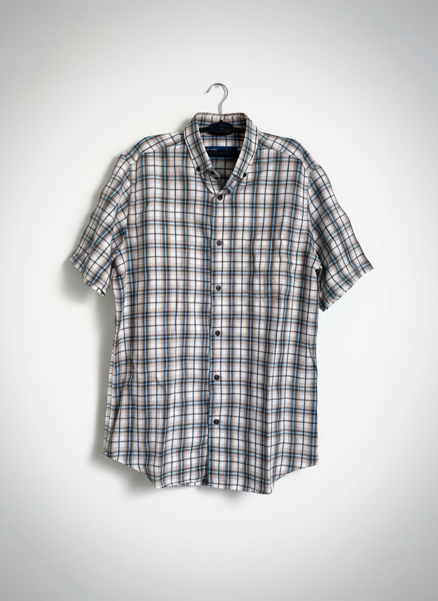 Chemise manches courtes carreaux beige et bleu ciel  