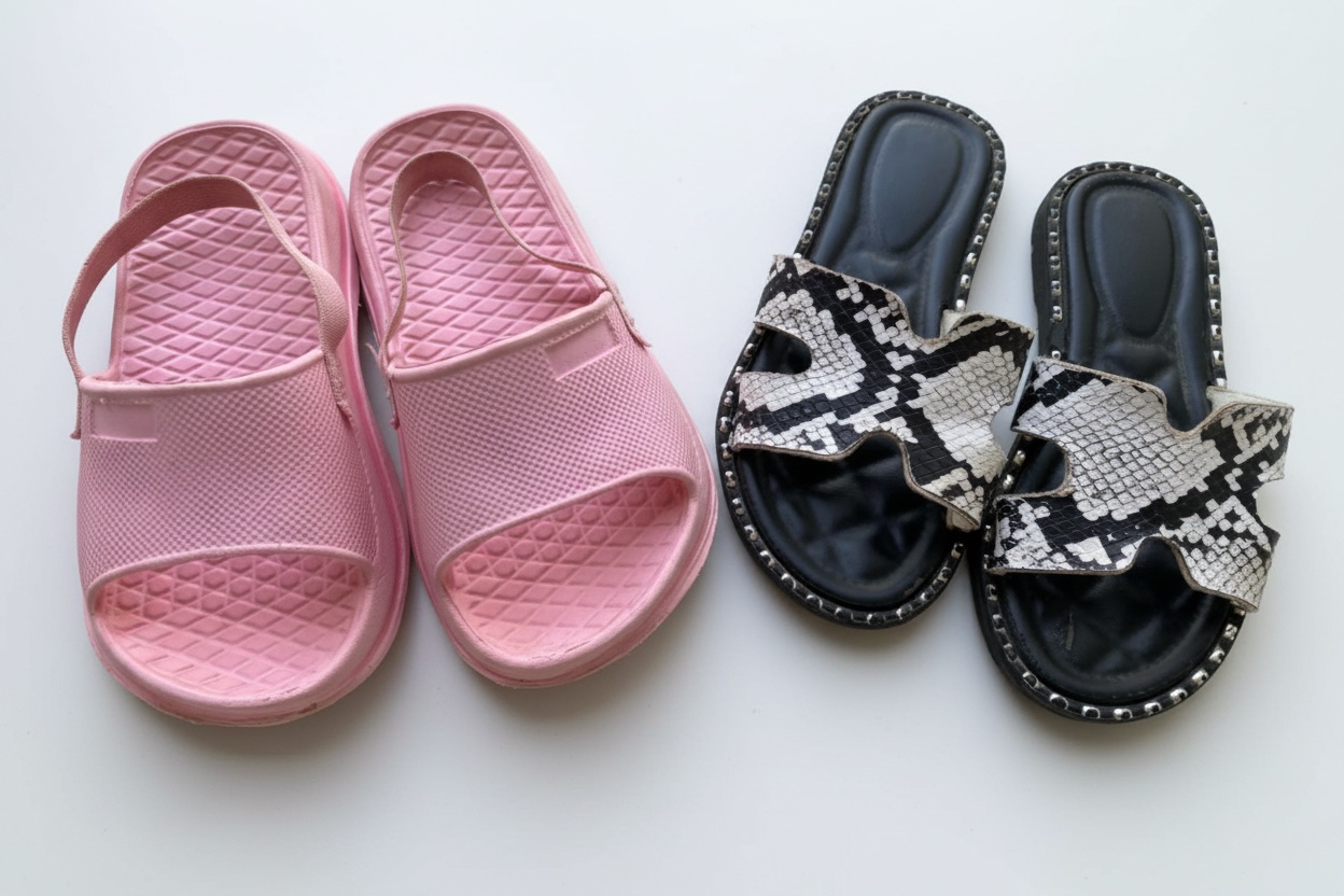 Claquette noire et sandale de plage rose 