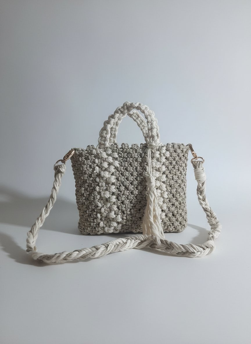 Sac Macramé en promoo  👜 [ma création] couleur créche et blanc sale dimension 16×25