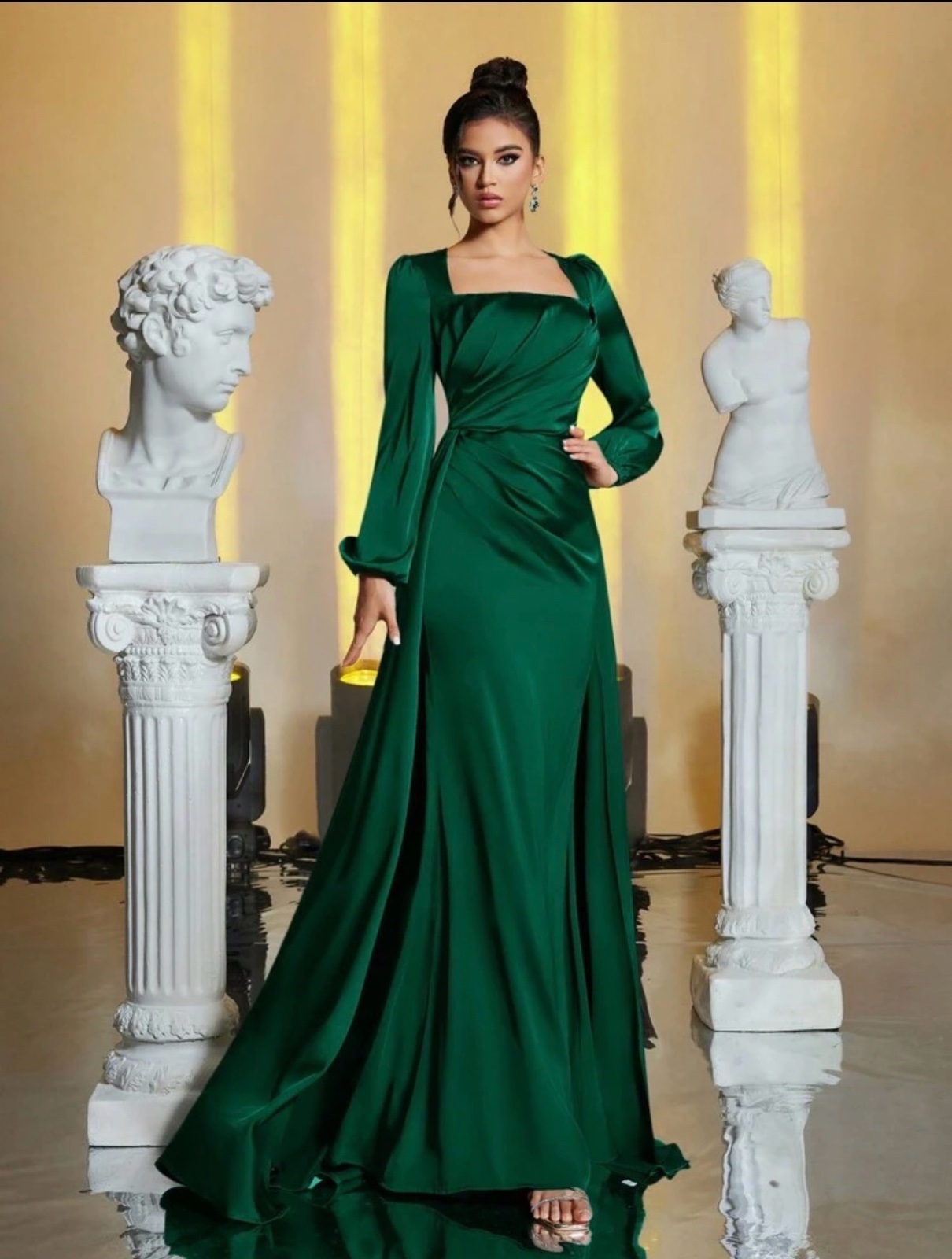 Robe maxi sirène élégante verte à encolure carrée, manches lanternes,
