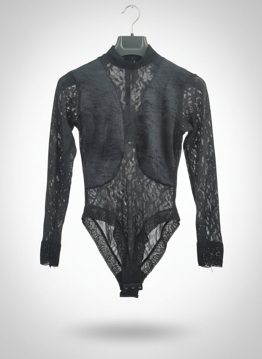 Body noir en dentelle transparente florale